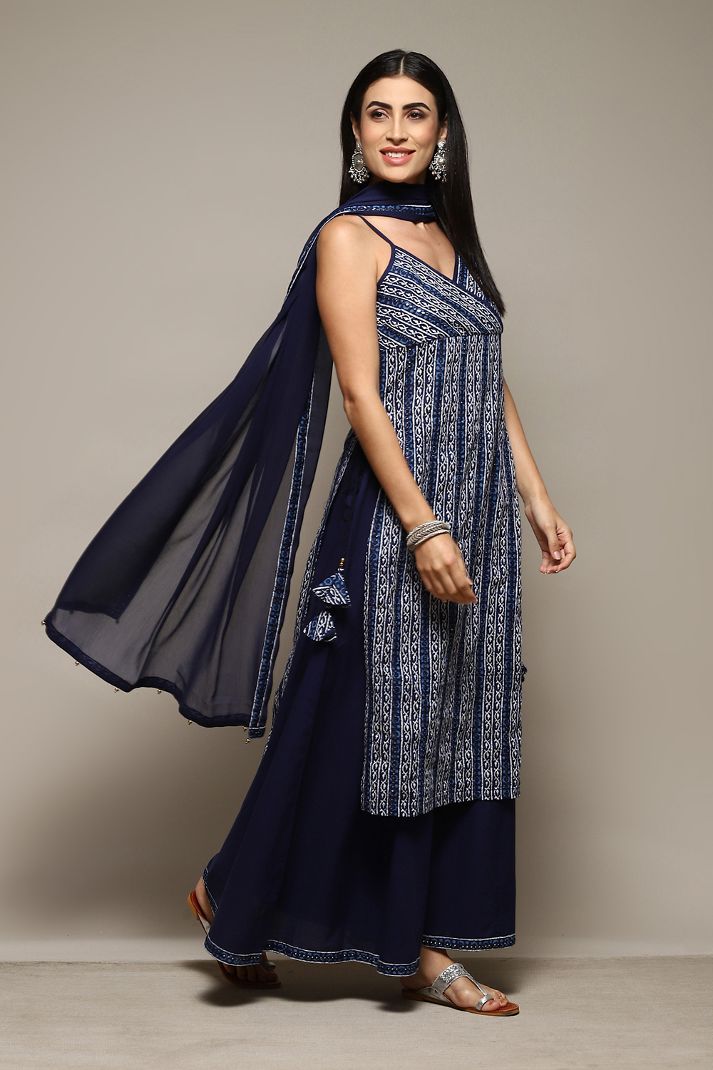 Indigo Cotton Straight Printed Kurta Sharara Suit Set image number 6