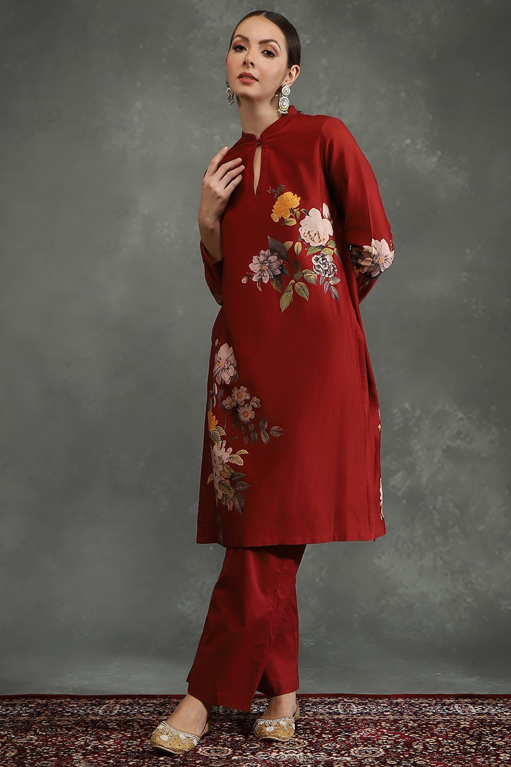 Rohit Bal Maroon Silk Chanderi Floral Printed Straight Kurta Set image number 0