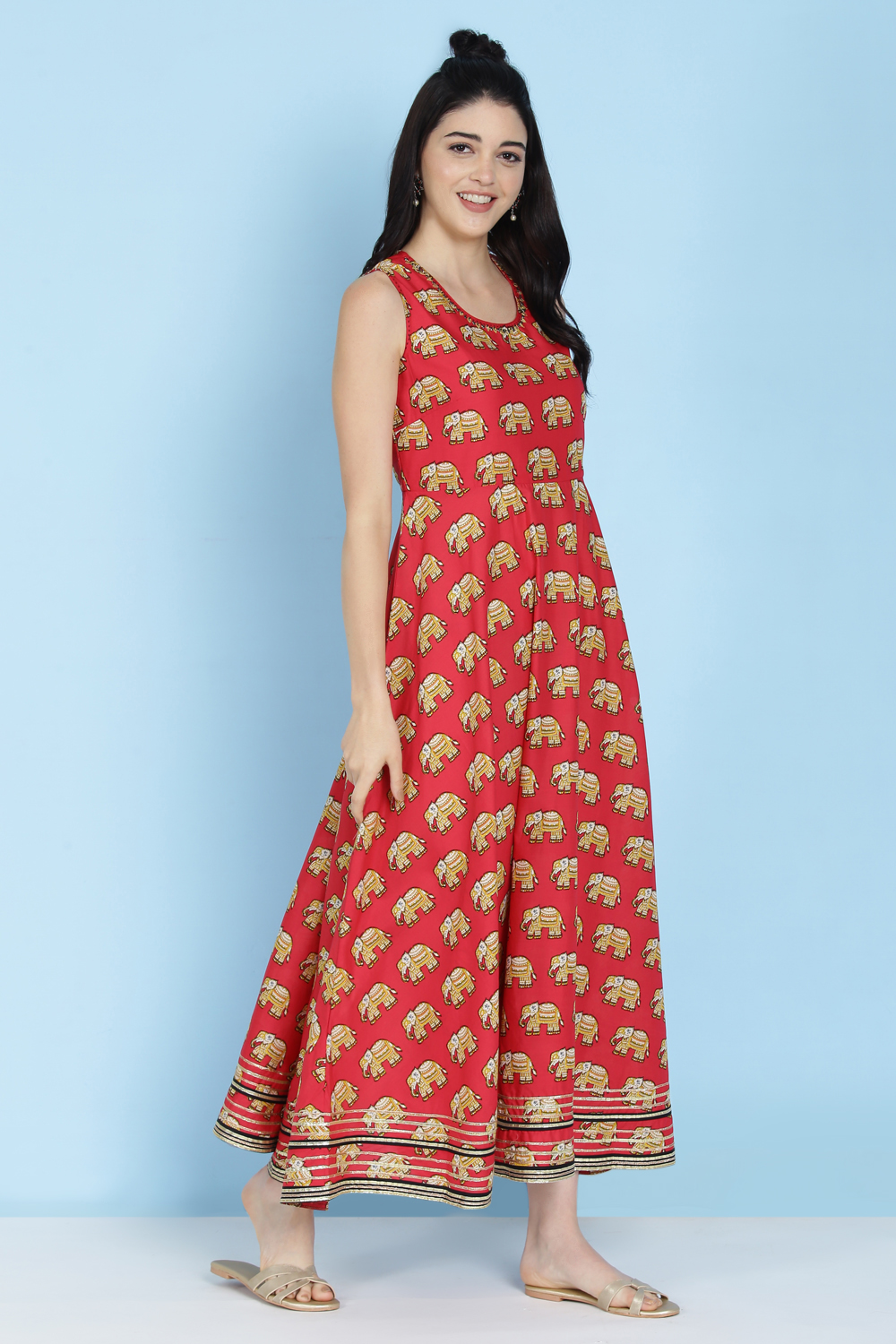 Red Cotton Fusion Wear Dress image number 2