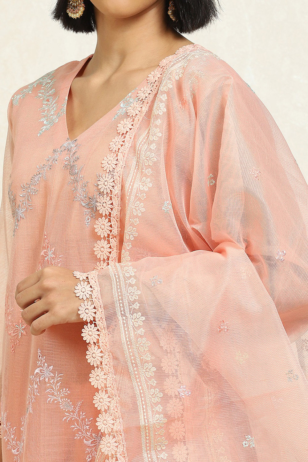 Peach-Coloured Floral Embroidered Unstitched Suit Set image number 2