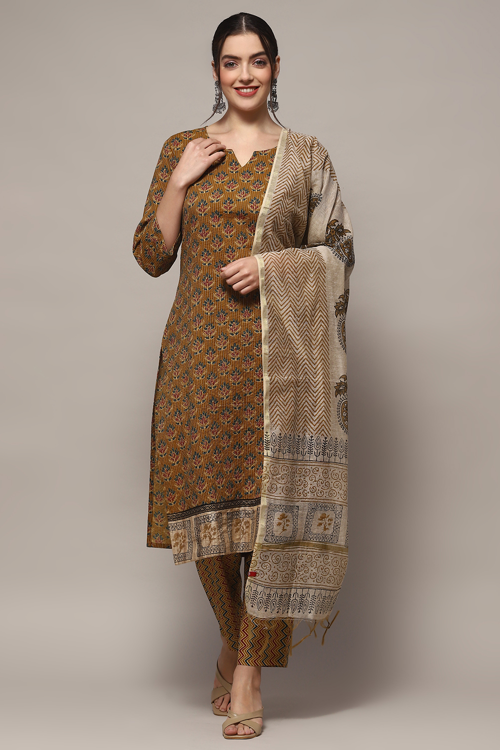 Mustard Tussar Unstitched Suit set image number 8