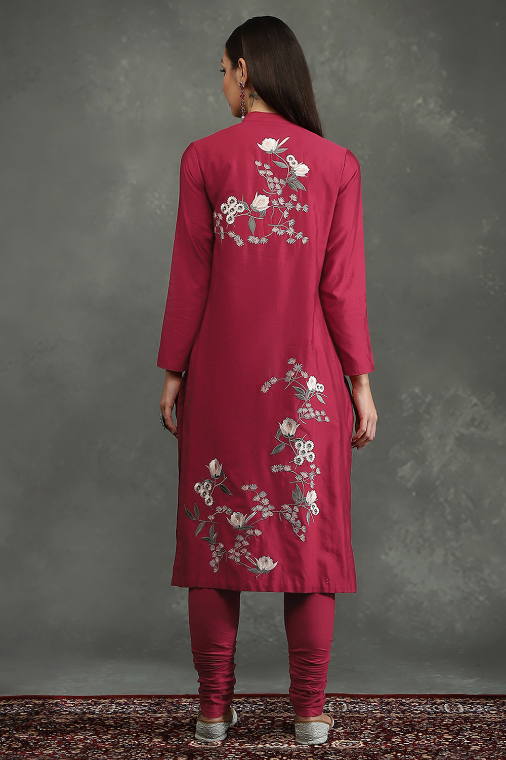 Rohit Bal Maroon Silk Chanderi Floral Straight Suit Set image number 4