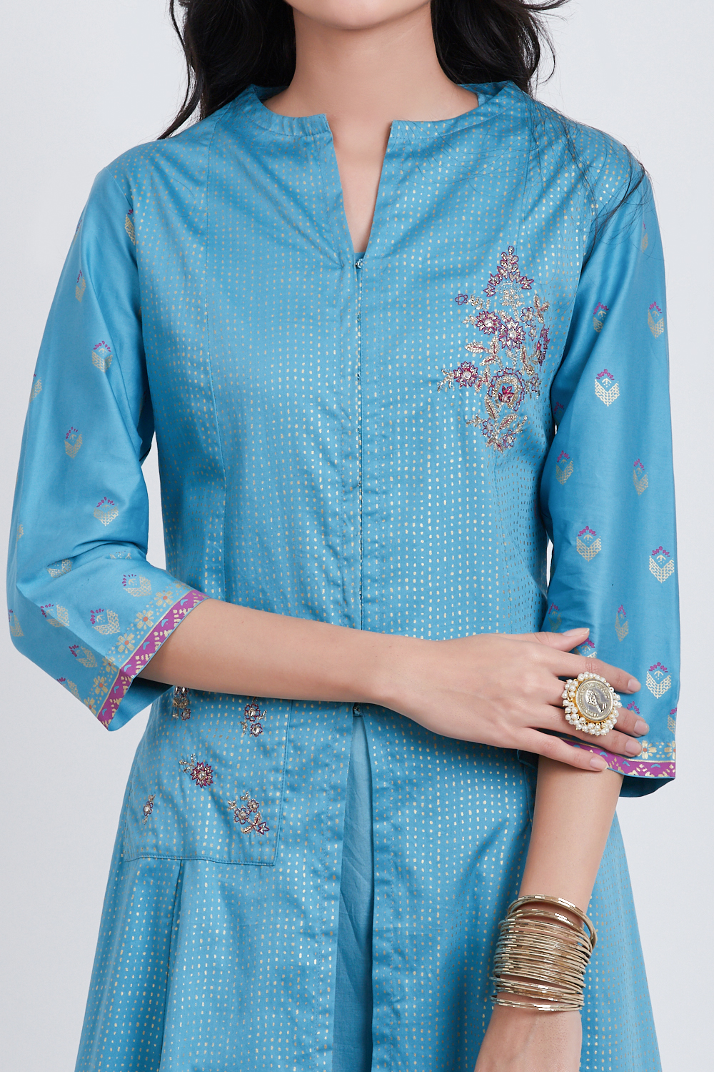 Blue Cotton Front Open Printed Kurta image number 1