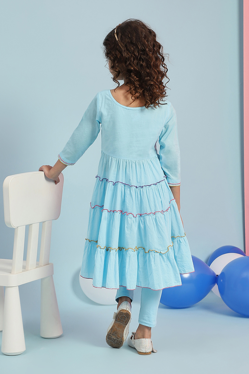 Blue Cotton Tiered Kurta Churidar Suit Set image number 4