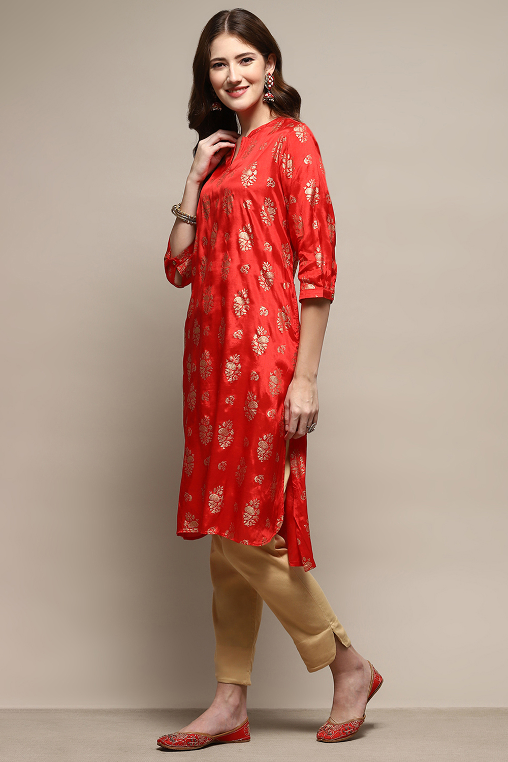 Red Rayon A-Line Printed Kurta image number 2