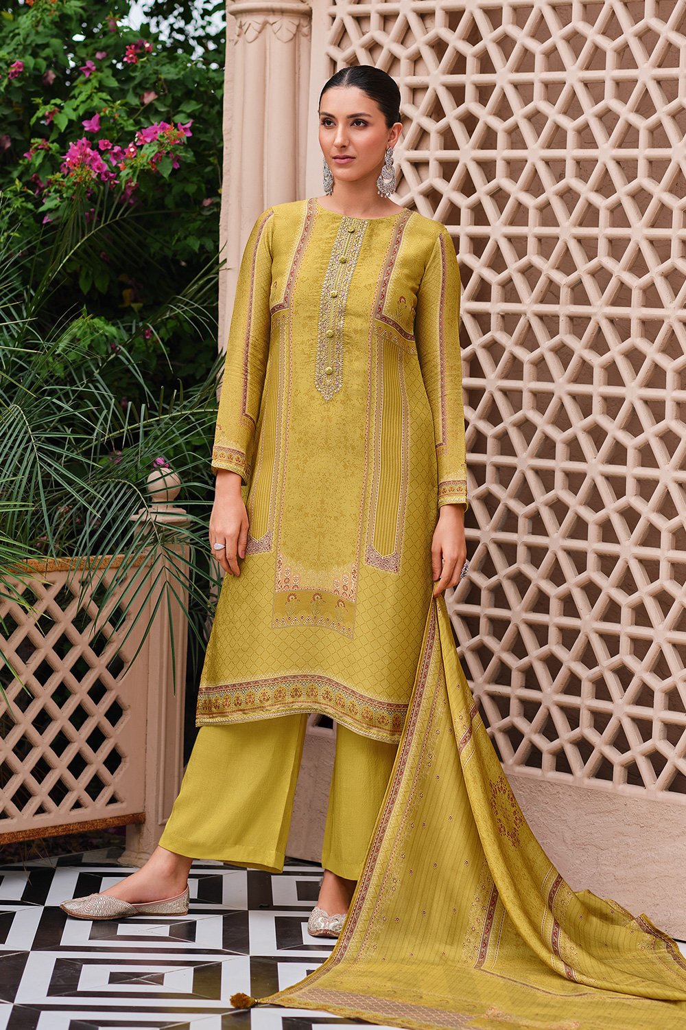 Mustard Yellow Viscose Silk Unstitched Suit Set image number 2