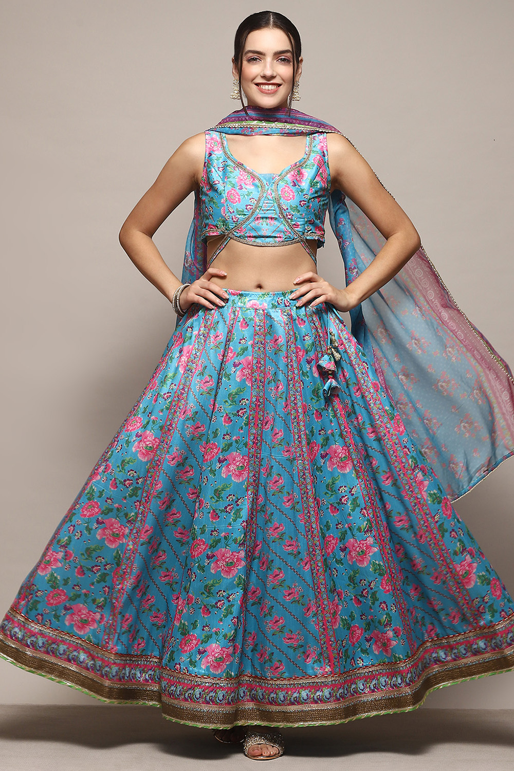 Turquoise Cotton Straight Kurta Lehenga Set image number 0