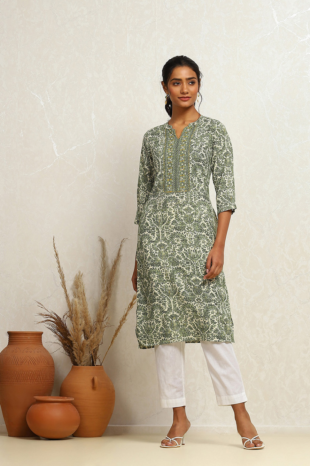 Green Cotton Printed Straight Kurta image number 5