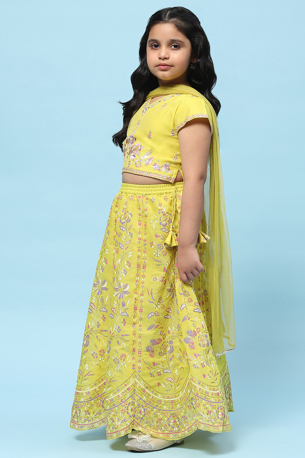 Lime Yellow Poly Chanderi Floral Lehenga Set image number 4