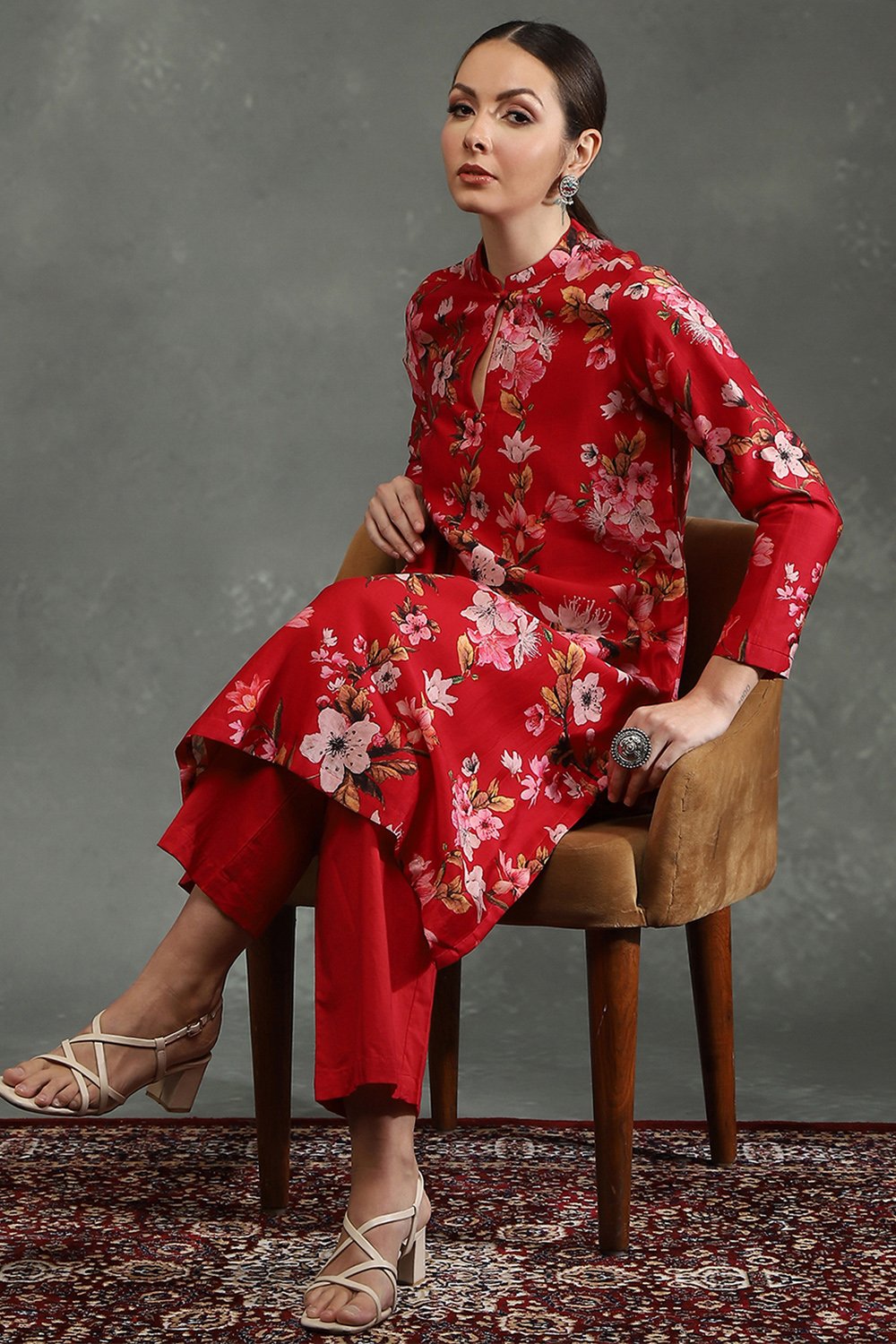 Rohit Bal Red Silk Chanderi Floral Printed Straight Kurta Set image number 0