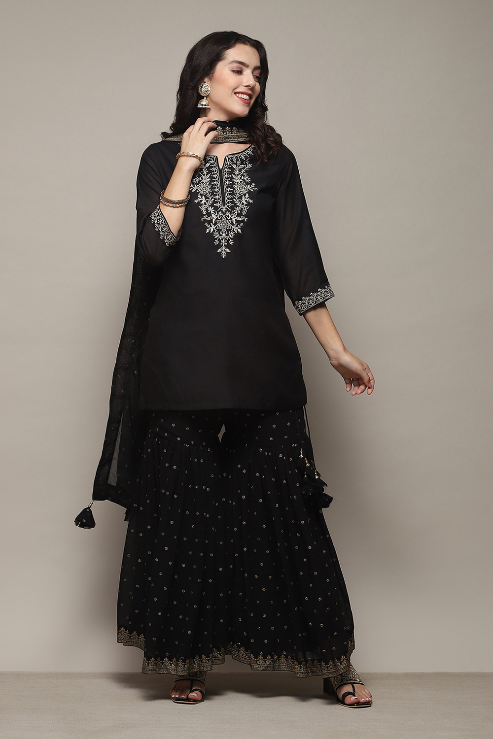 Black Poly Cotton Straight Kurta Garara Suit Set image number 0