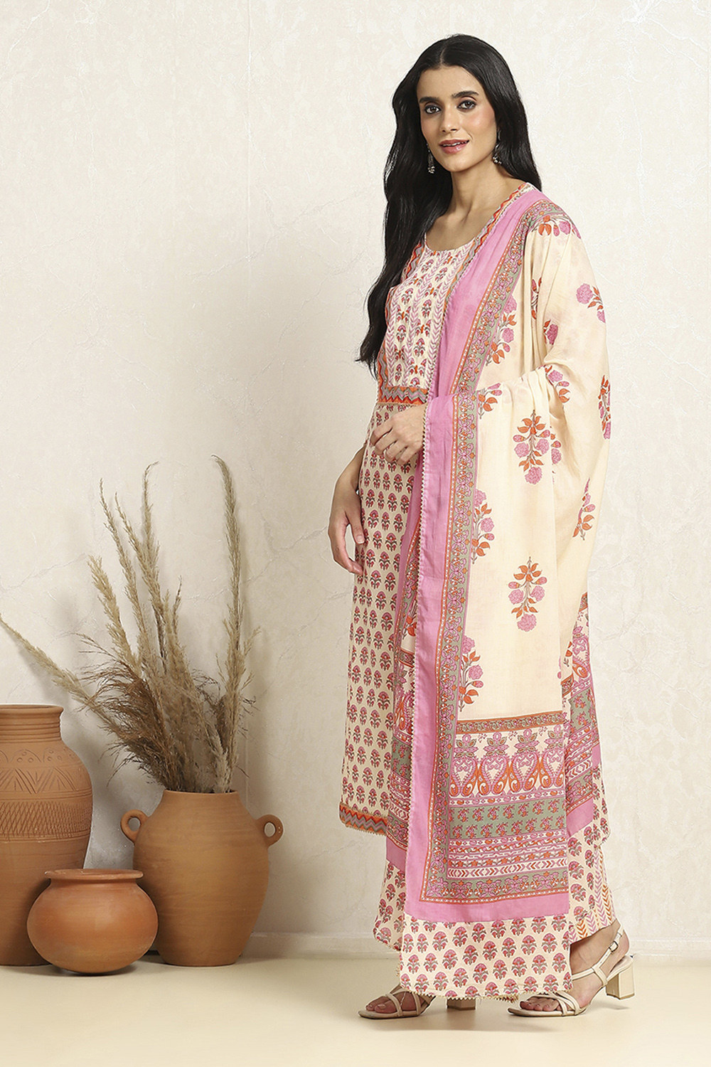 White and Pink Cotton Printed Unstitched Suit Set image number 4