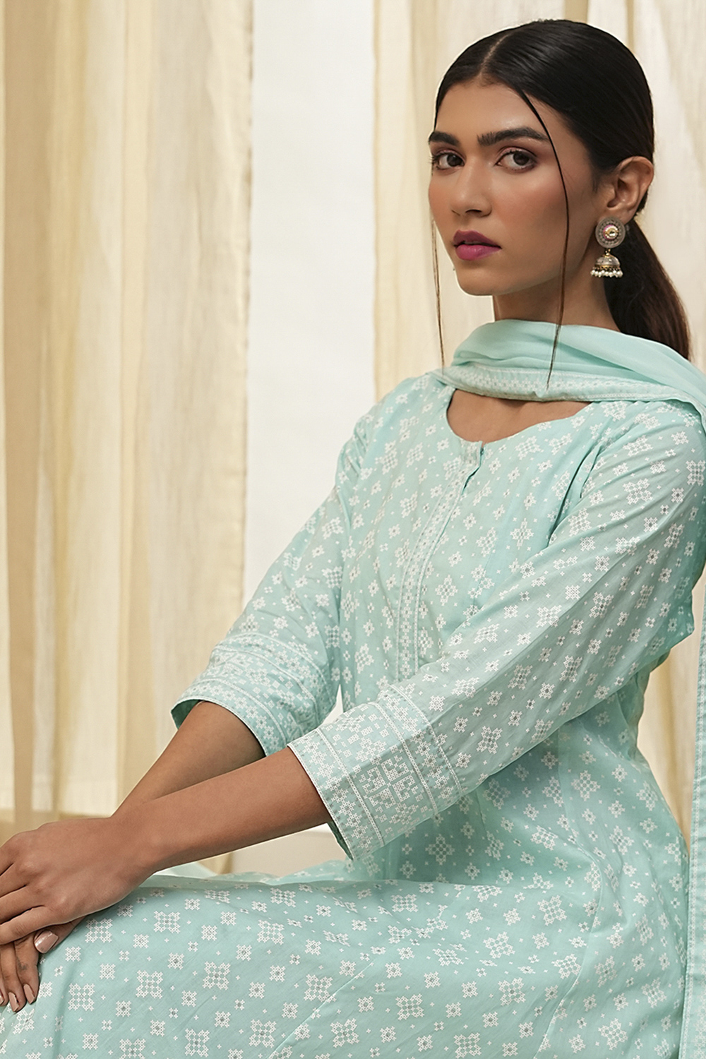 Aqua Pure Cotton Printed Kalidar Suit Set image number 0