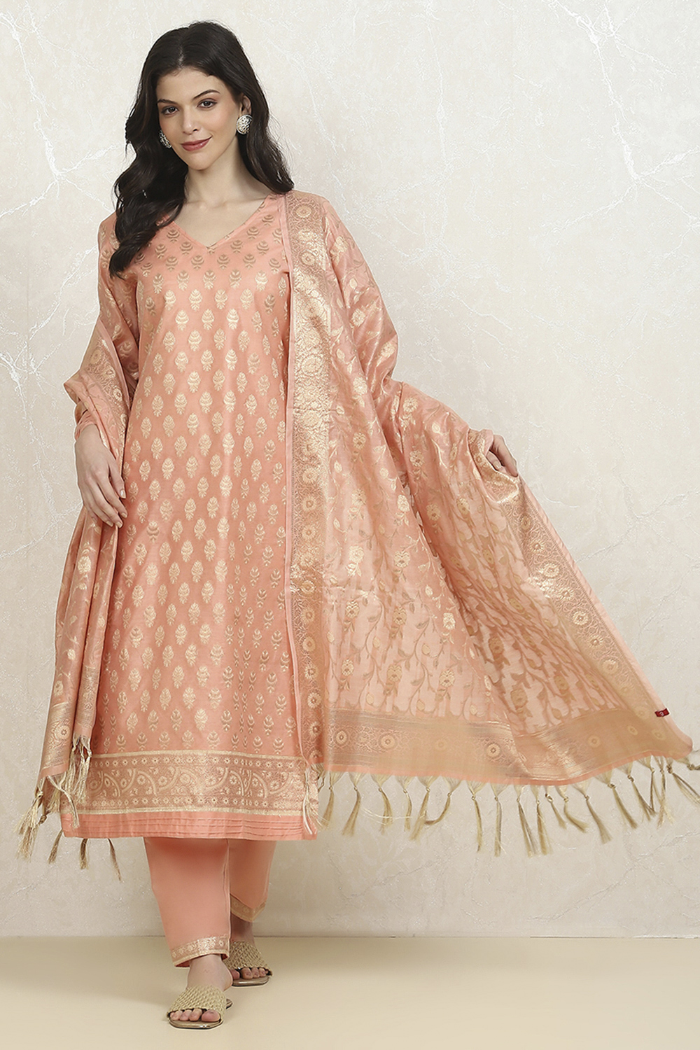 Peach Art Silk Woven Unstitched Suit Set image number 1