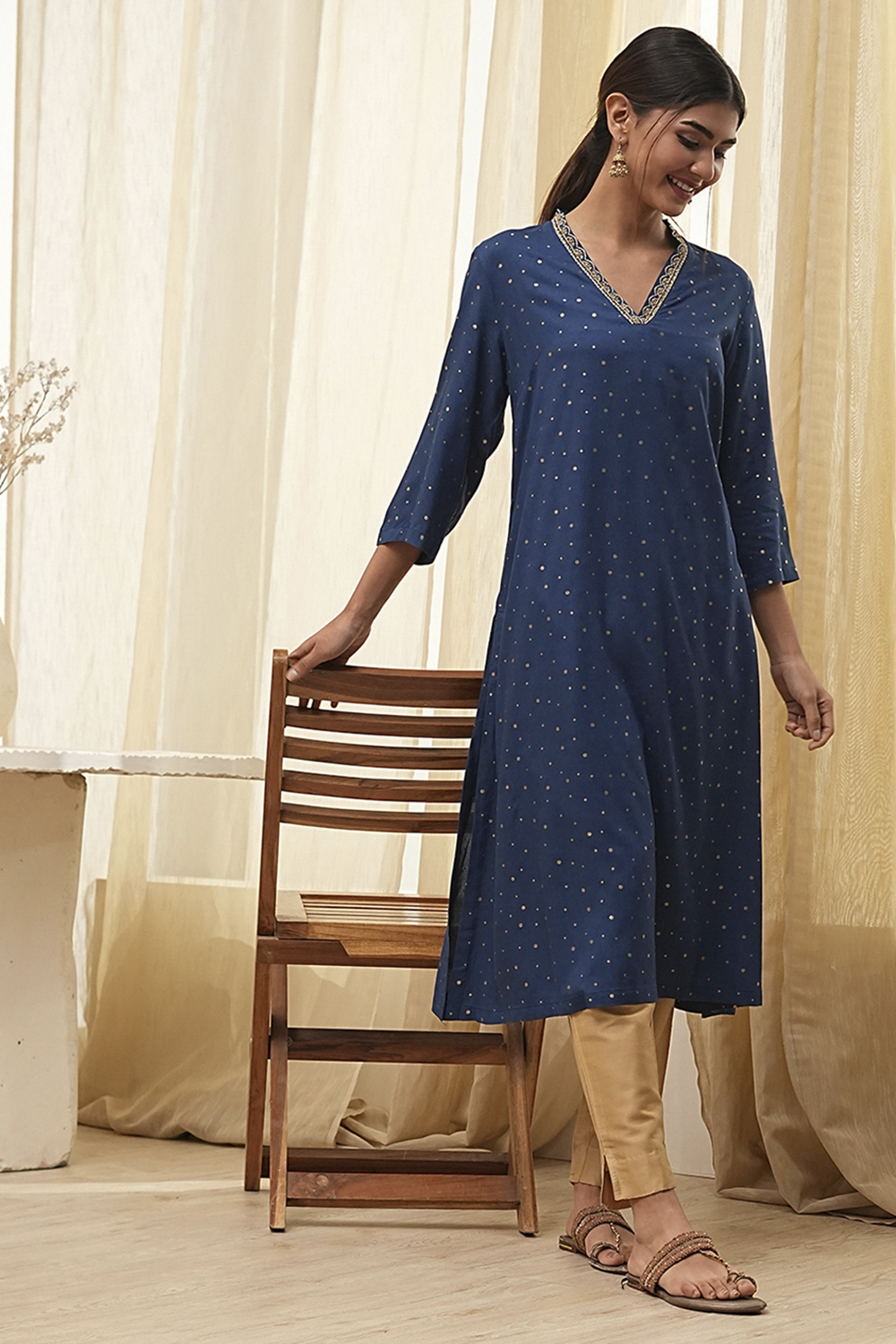 Blue Foil Printed Straight Kurta image number 0