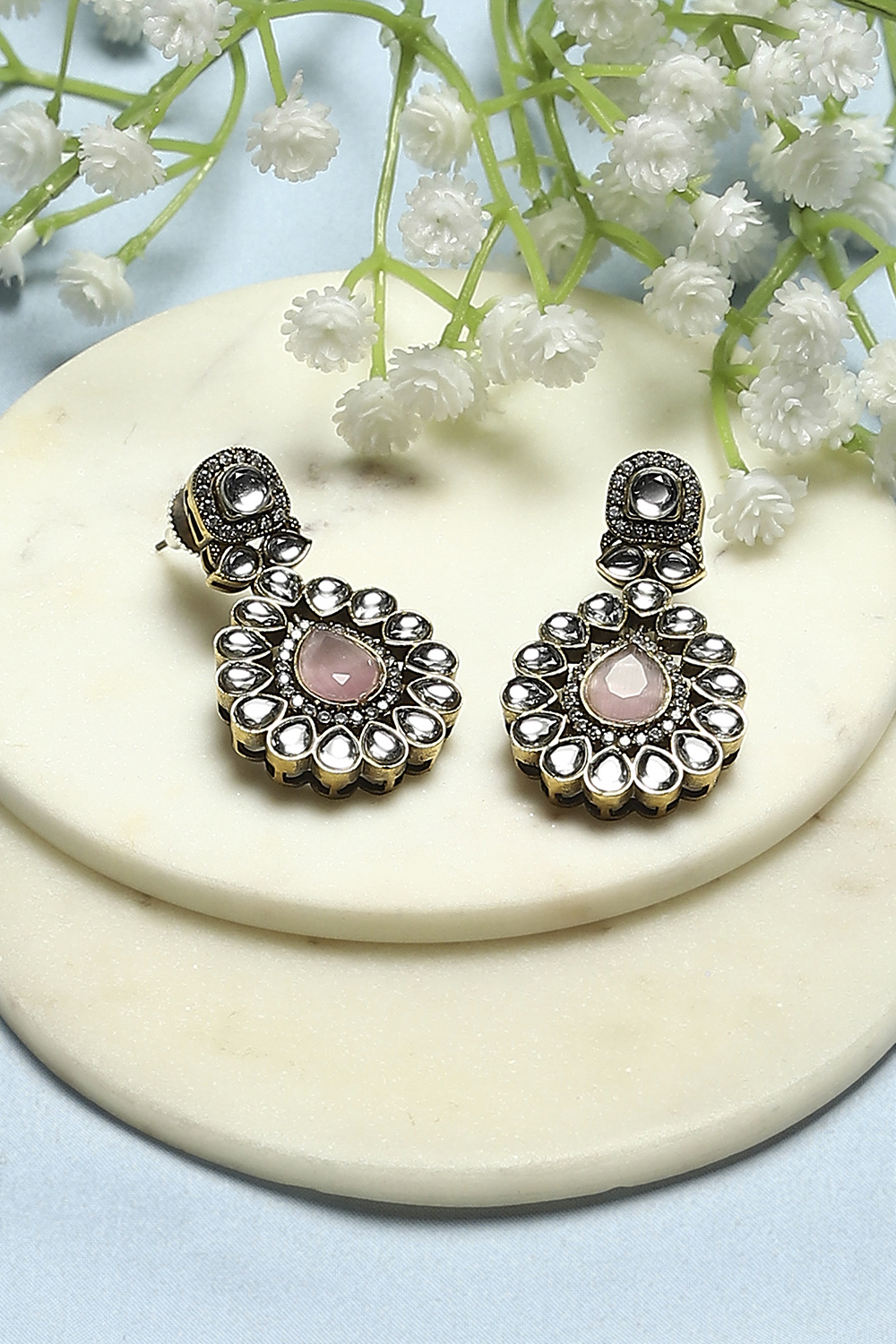 Light Pink Gold-Plated Kundan Tear Drop Danglers image number 0