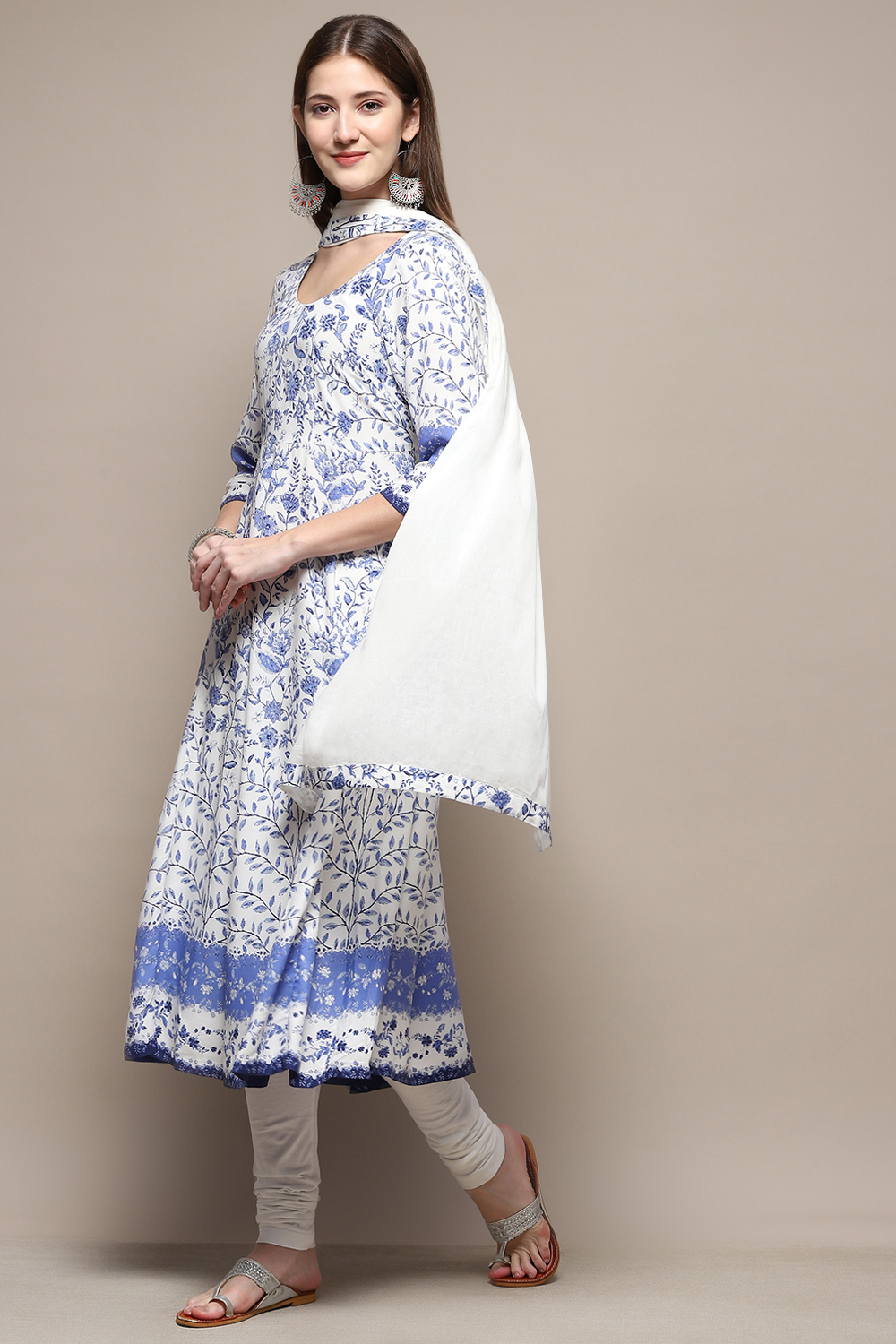 White & Blue Rayon Anarkali Kurta Churidar Suit Set image number 0