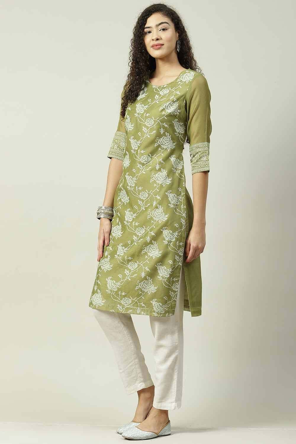 Green Art Silk Straight Printed Kurta image number 2