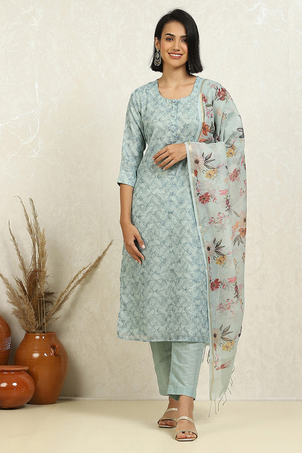 Beige Cotton Blend Digital Print Unstitched Suit Set image number 7