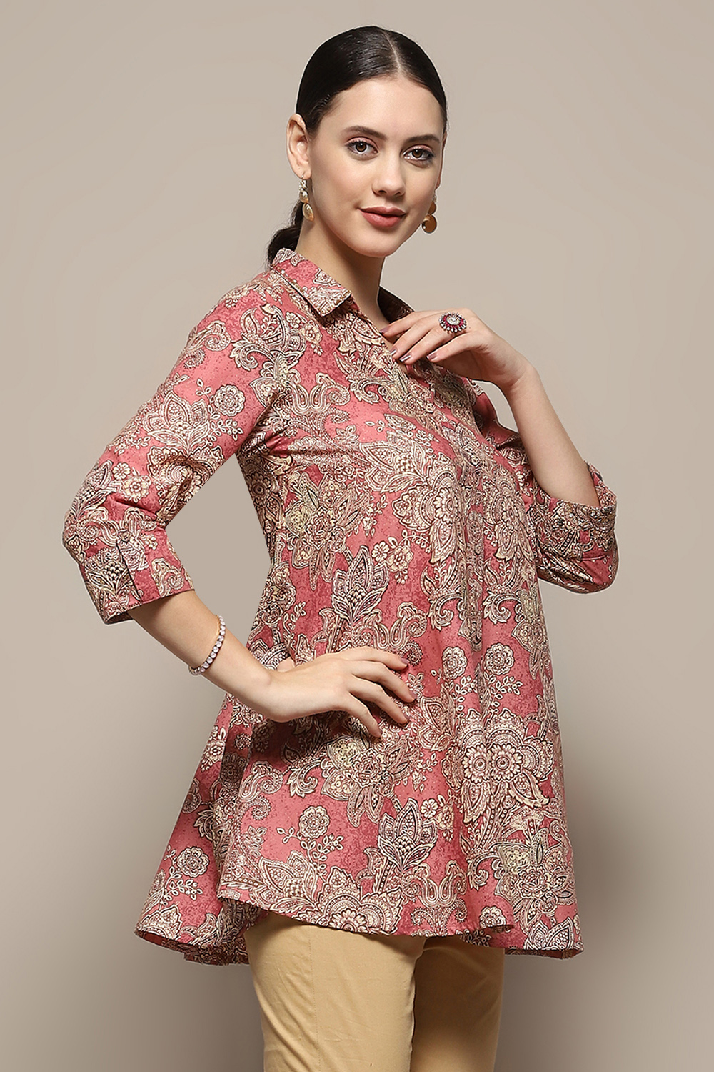 Rust Cotton Floral Printed A-Line Shirt Style Kurti image number 5