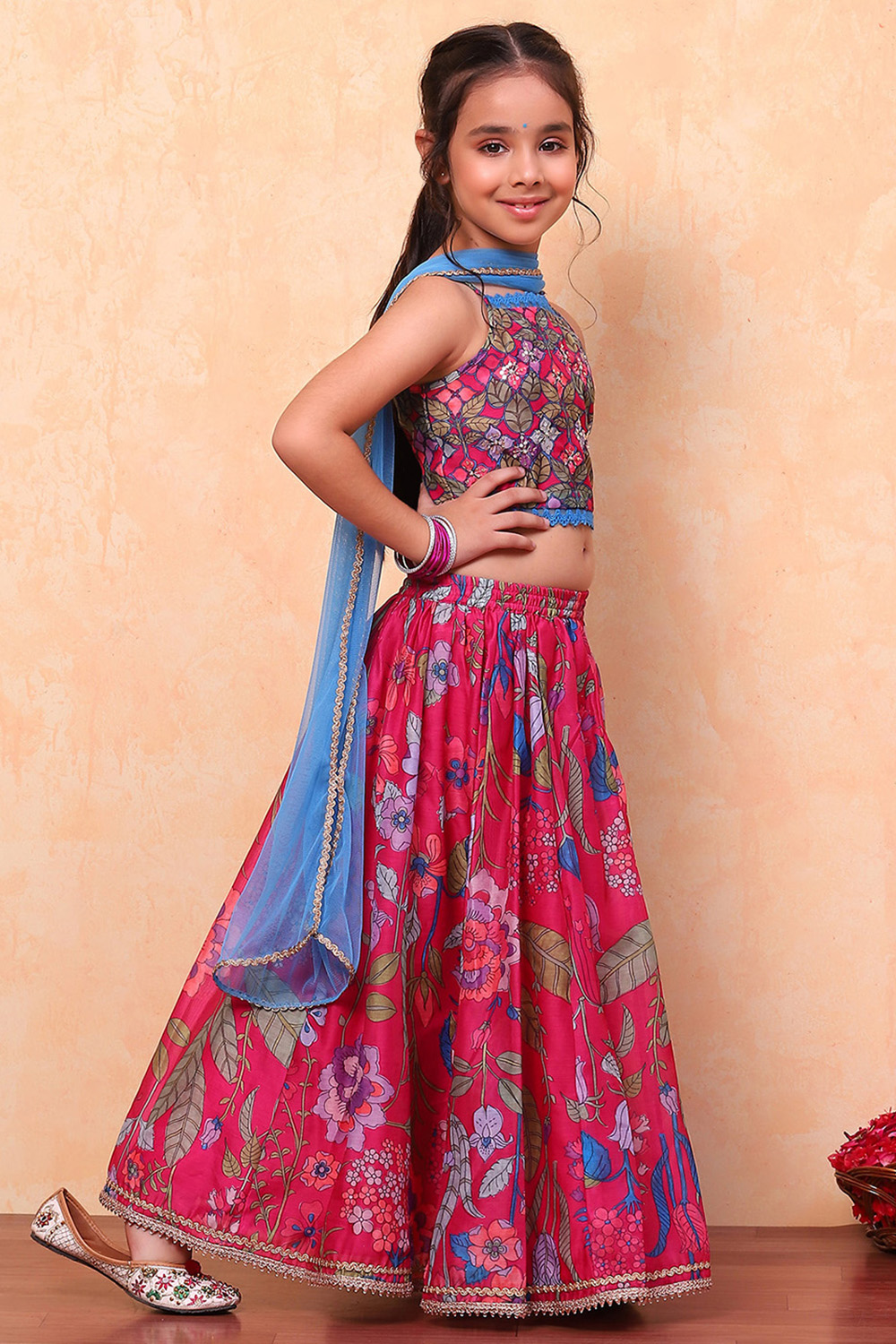 Pink Poly Chanderi Blouse Lehenga Set image number 3