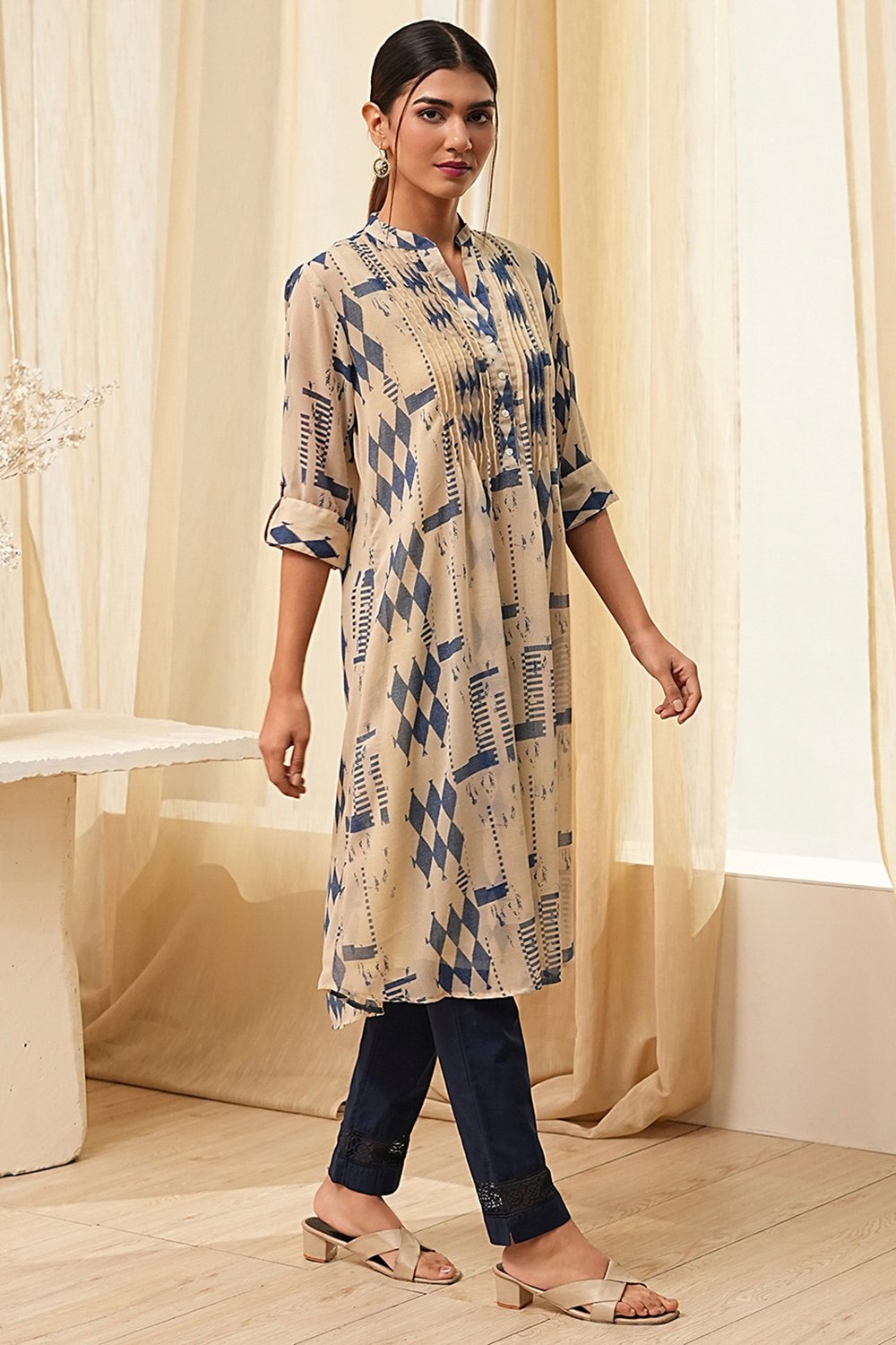 Beige Printed A-Line Kurta image number 4