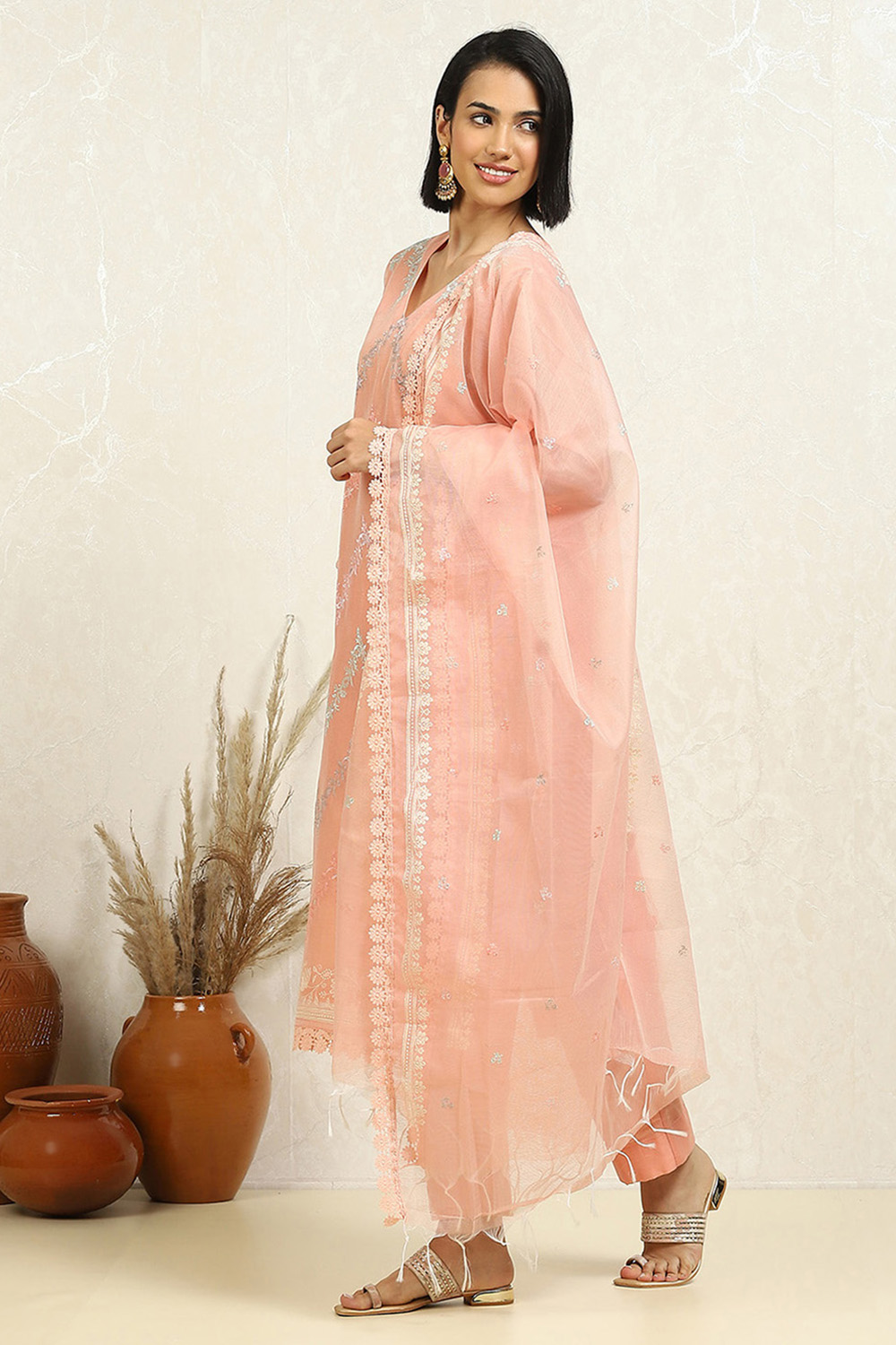 Peach-Coloured Floral Embroidered Unstitched Suit Set image number 4