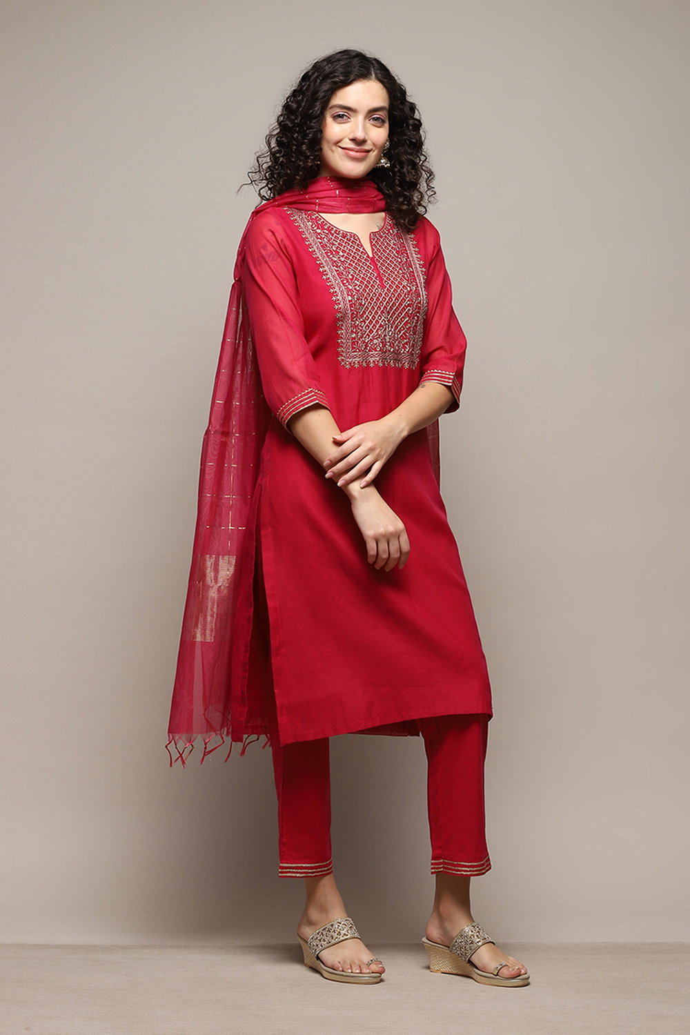 Fuchsia Poly Cotton Straight Kurta Pant Suit Set image number 6