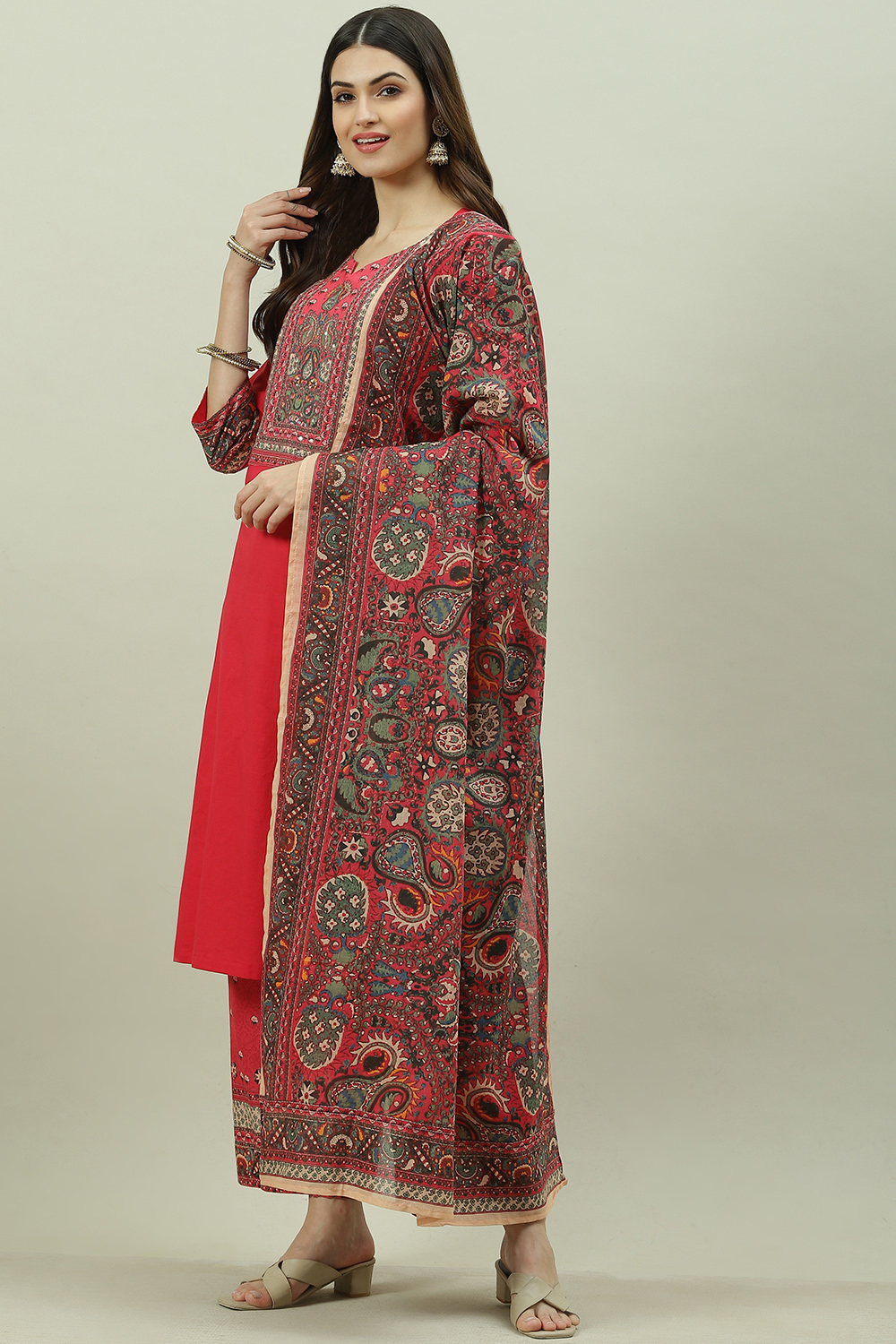 Red Cotton Straight Kurta Palazzo Suit Set image number 5