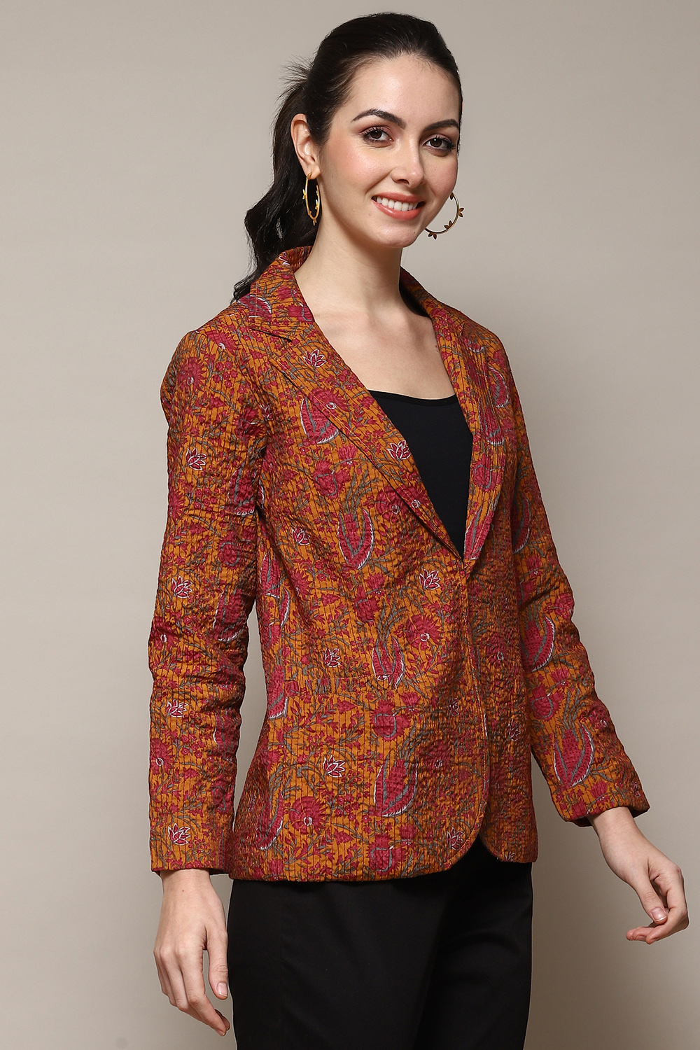 Mustard Poly Viscose Straight Printed Jacket image number 3