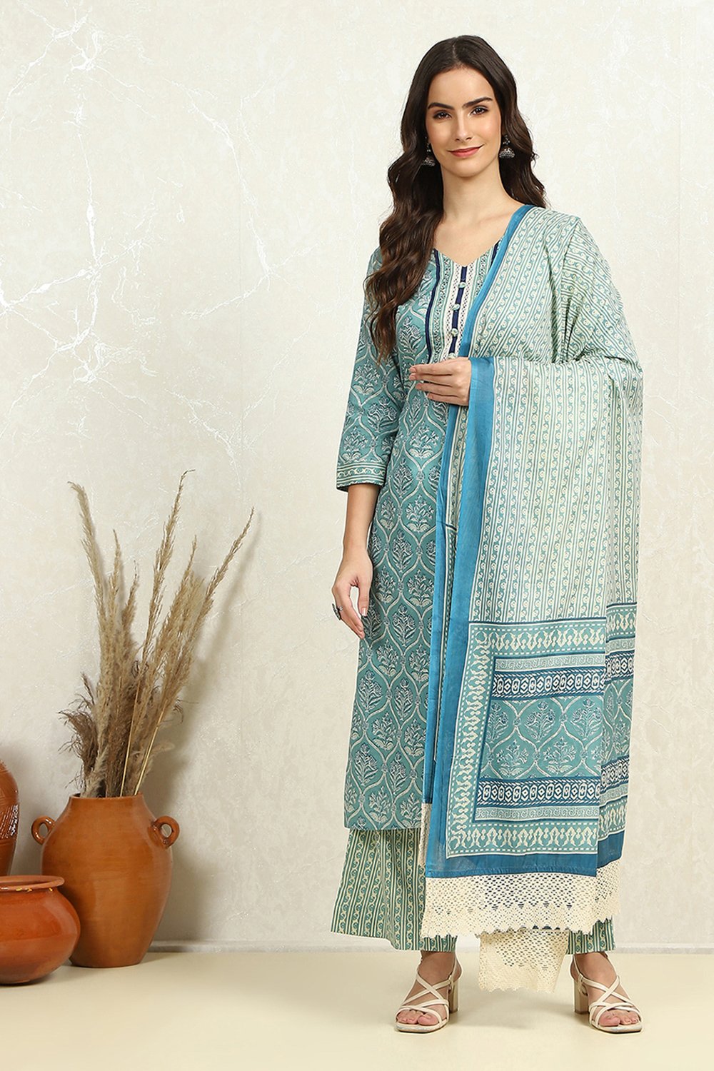 Blue Cotton Hand Block Print Unstitched Suit Set image number 7