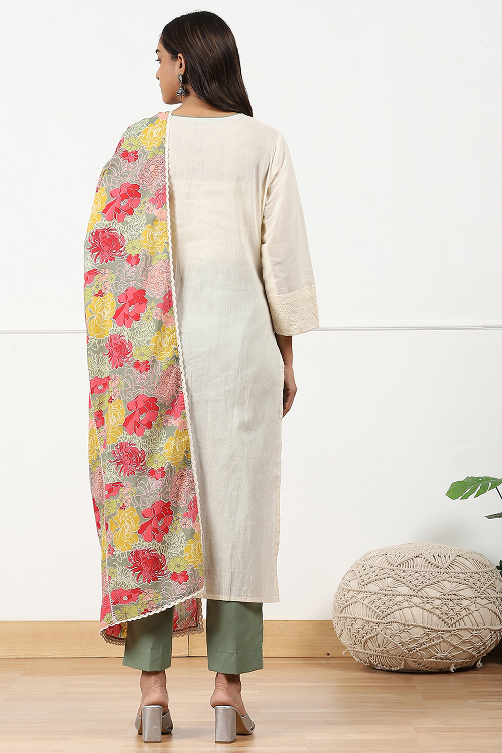 White Cotton Schiffli Floral Unstitched Suit Set image number 3