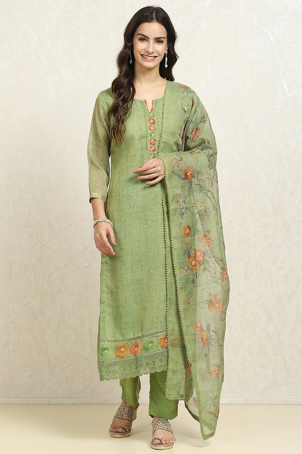 Grey Linen Blend Printed  Embroidered Unstitched Suit Set image number 1