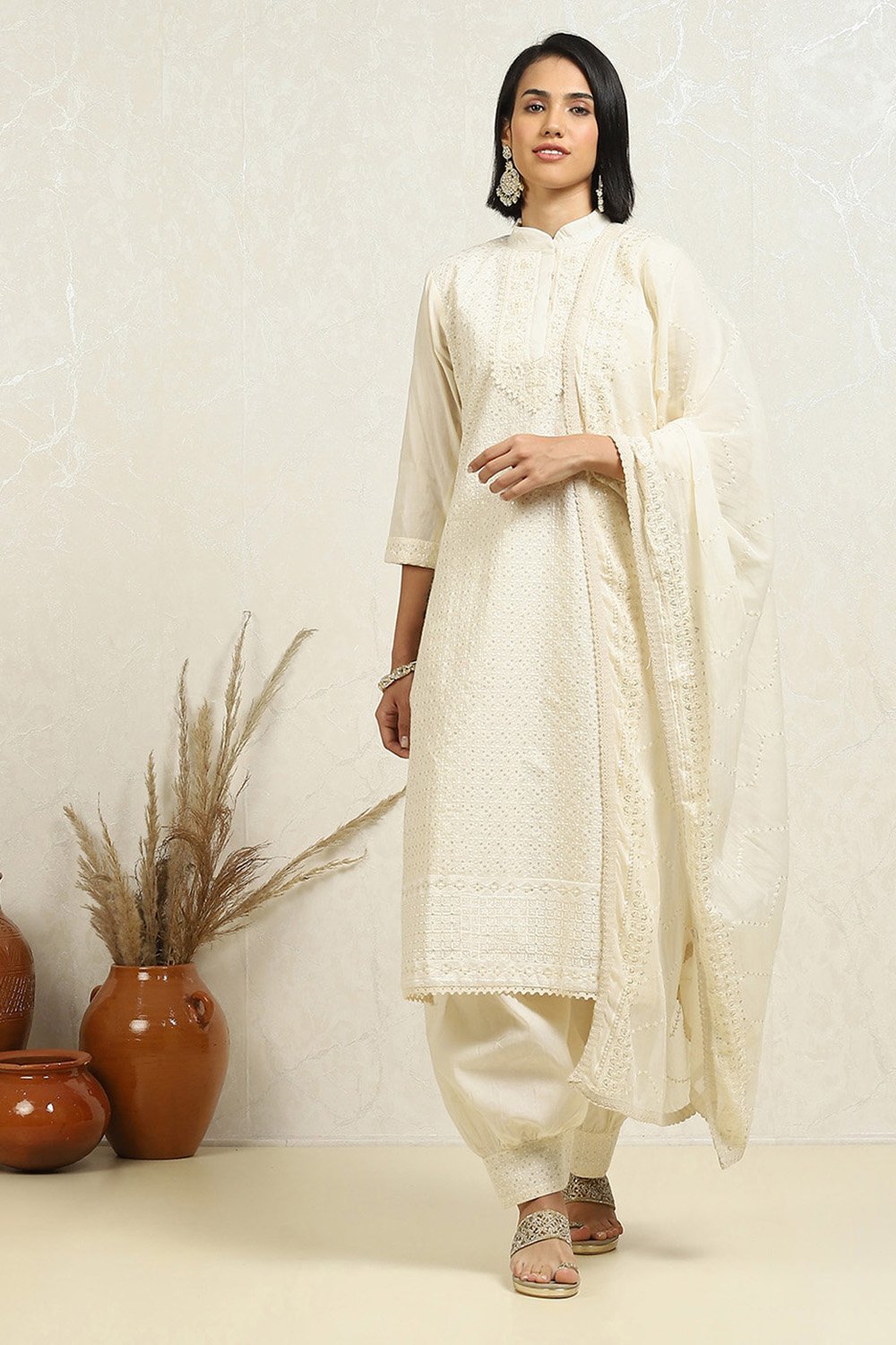 White Cotton Blend Handloom Unstitched Suit Set image number 1