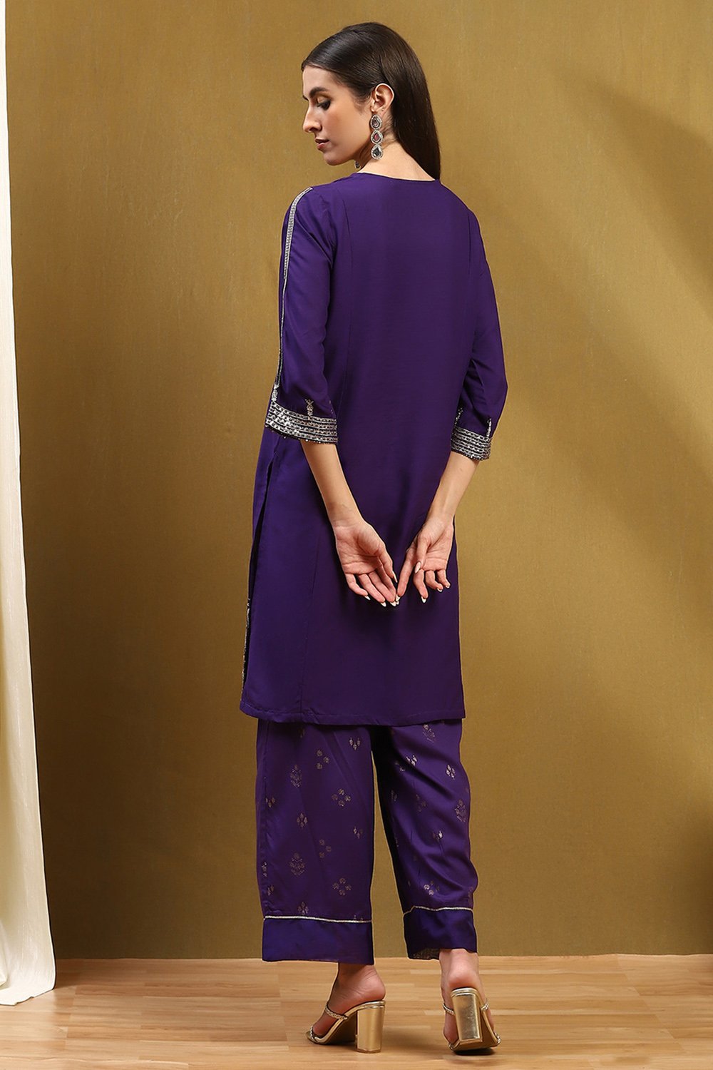 Purple Embroidered Straight Suit Set image number 4