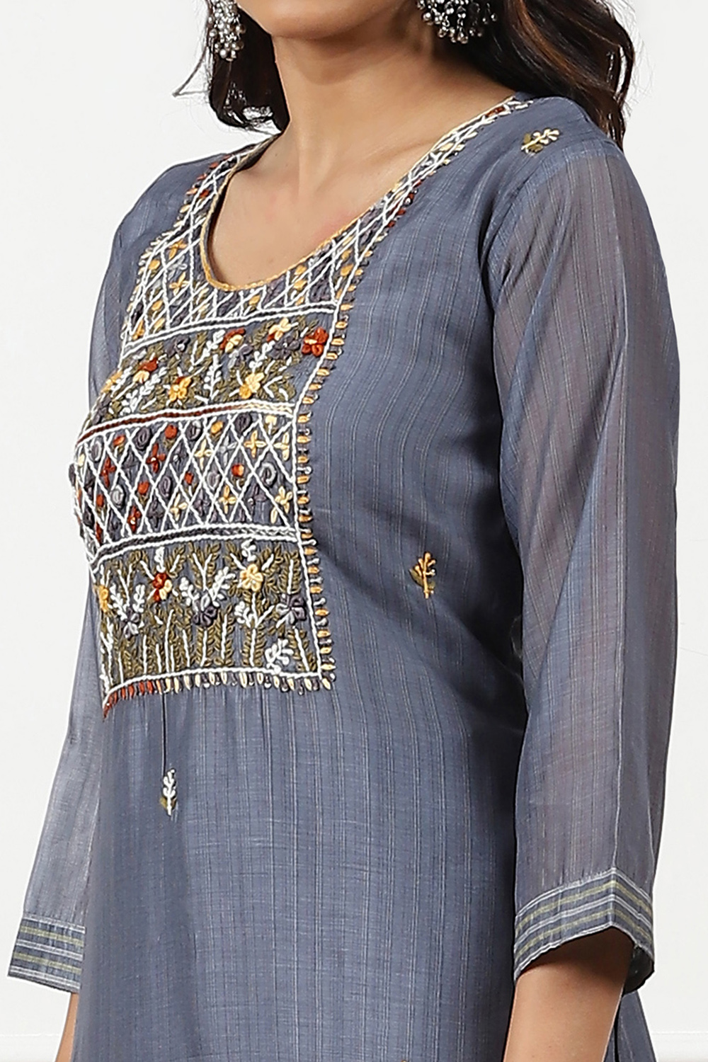 Grey Chanderi Hand Embroidered Unstitched Suit Set image number 4