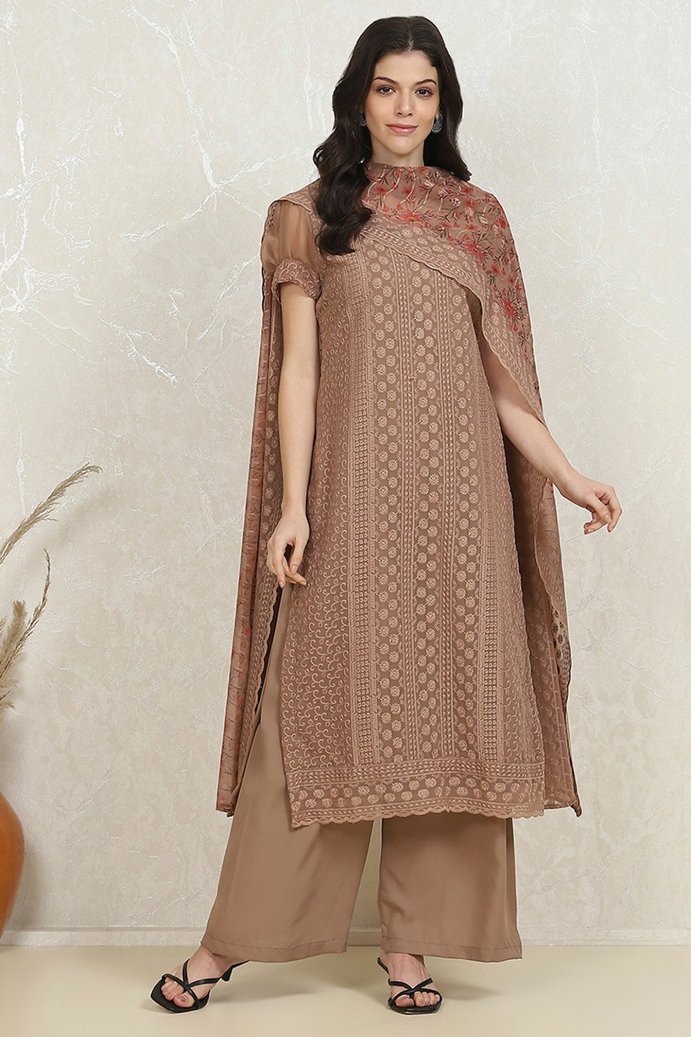 Brown Georgette Machine Embroidered Unstitched Suit Set image number 7