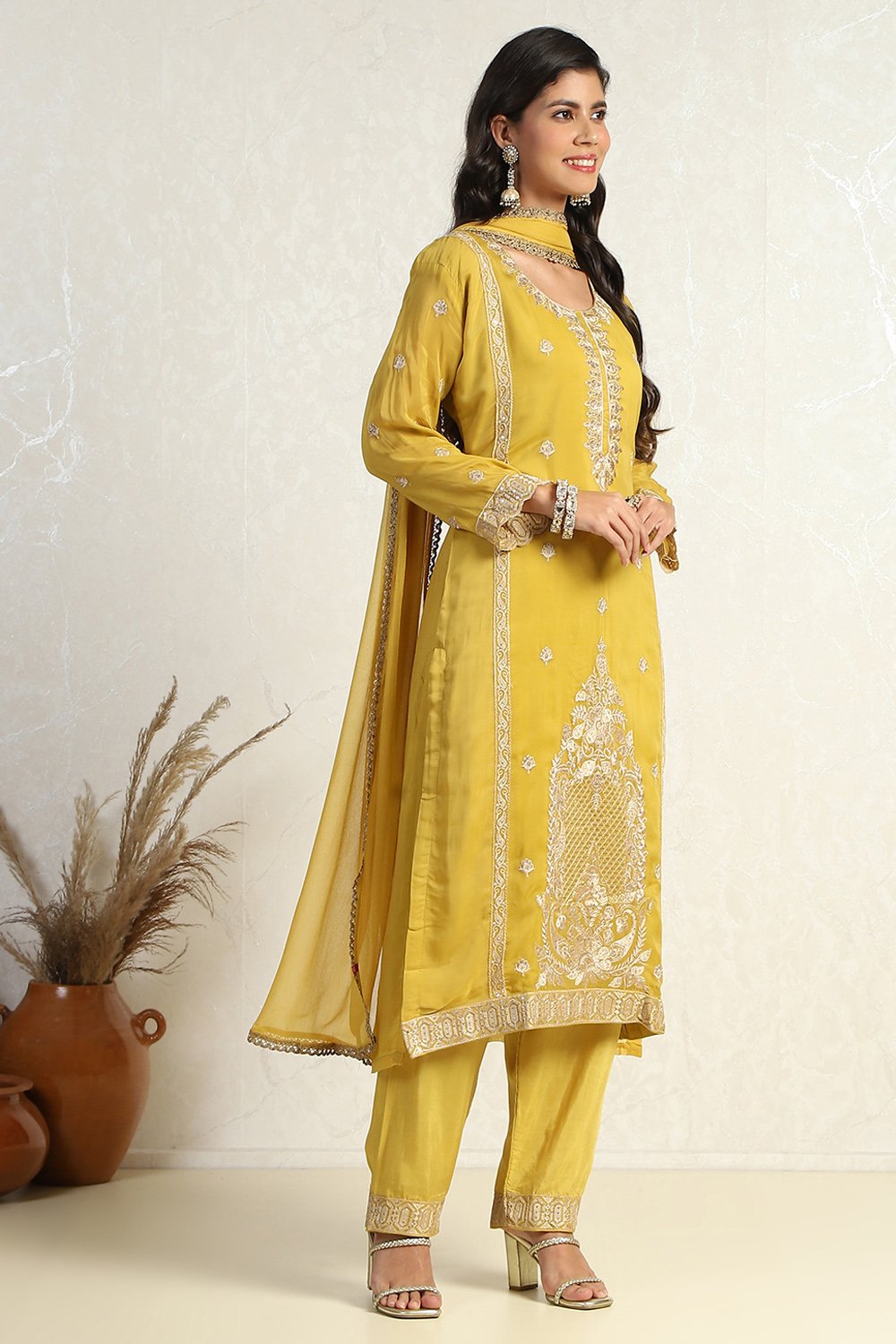 Mustard Organza Machine Embroidered Unstitched Suit Set image number 6