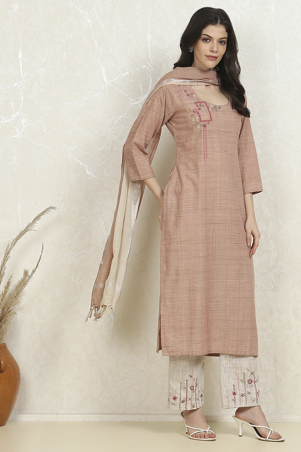 Beige Linen Hand Embroidered Unstitched Suit Set image number 6