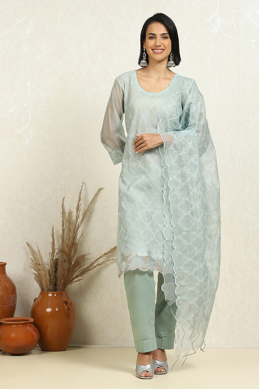 Grey Floral Thread Work Unstitched Suit Set image number 7