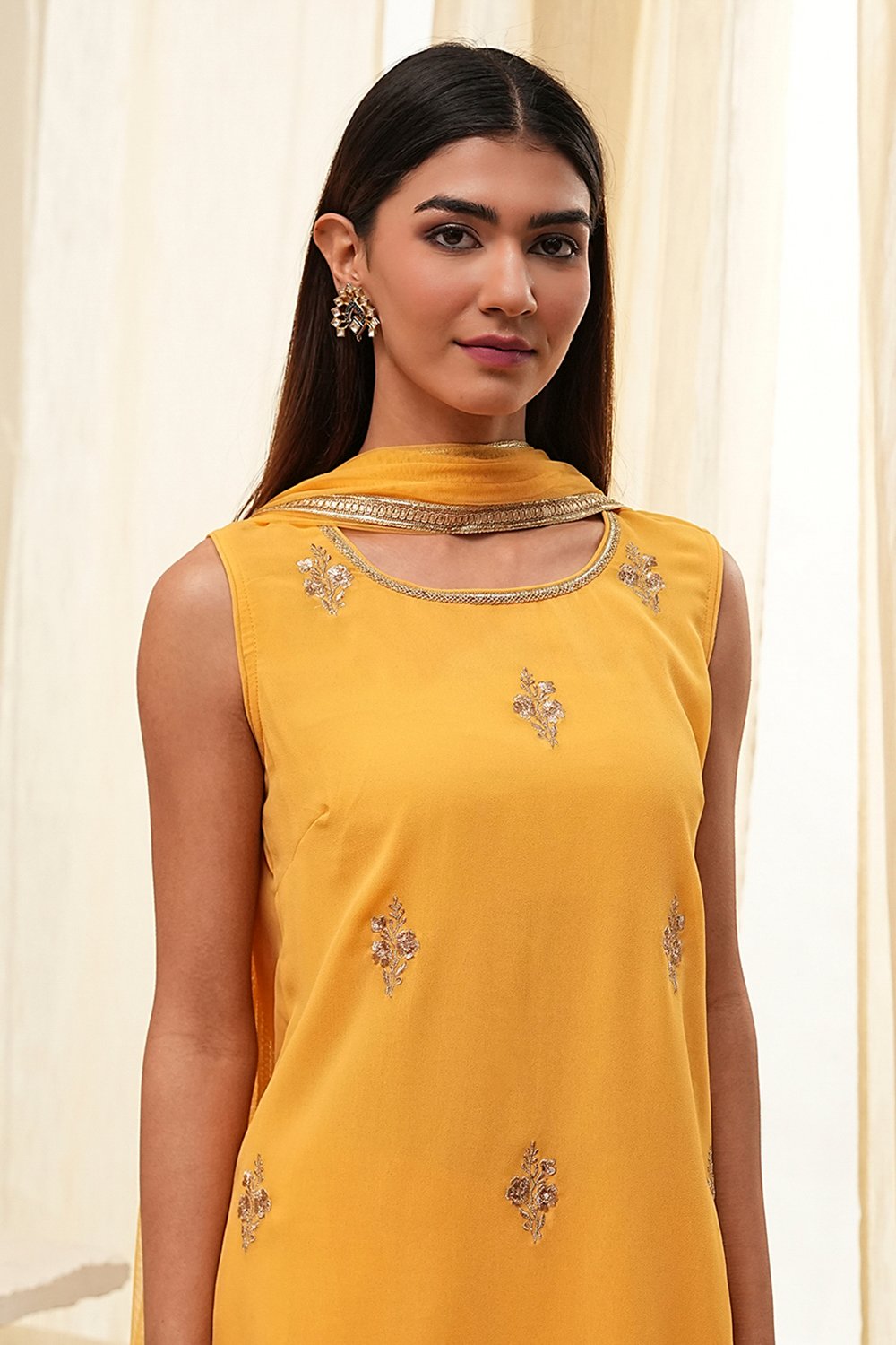 Ochre Yellow Embroidered Straight Suit Set image number 1