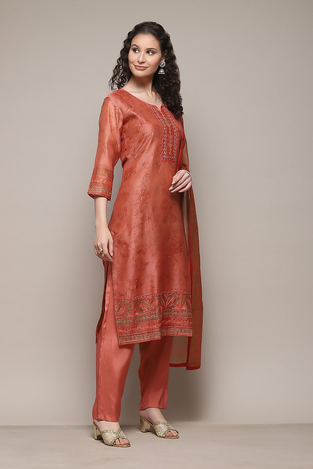 Red Chanderi Unstitched Suit Set image number 6