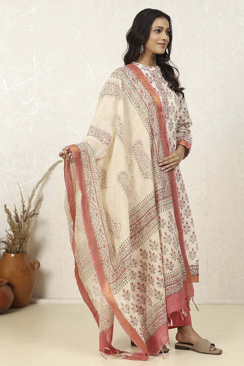 White Pink Cotton Hand Block Print Unstitched Suit Set image number 6