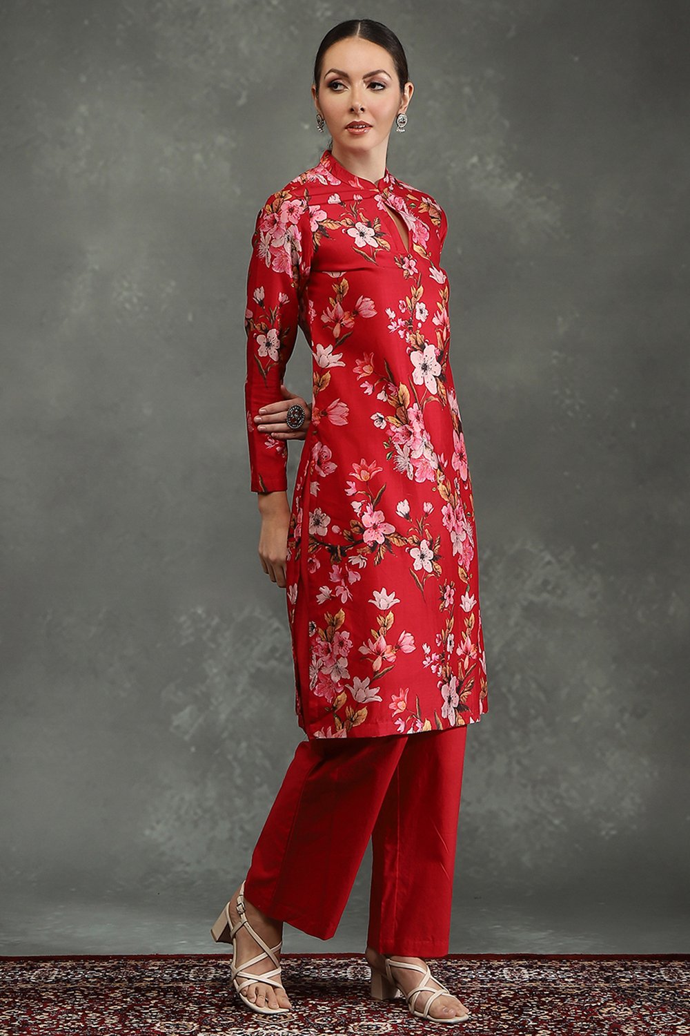 Rohit Bal Red Silk Chanderi Floral Printed Straight Kurta Set image number 5