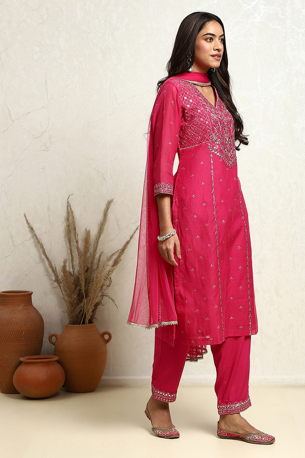 Fuchsia Poly Chanderi Embroidered Festive Straight Suit Set image number 5