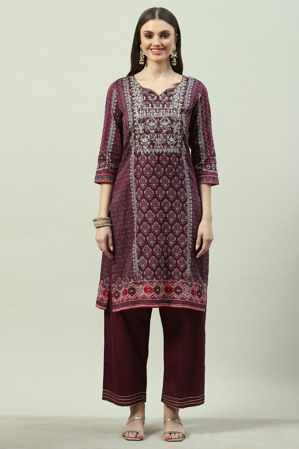 Wine Cotton Straight Kurta Slim Pants Suit Set image number 8