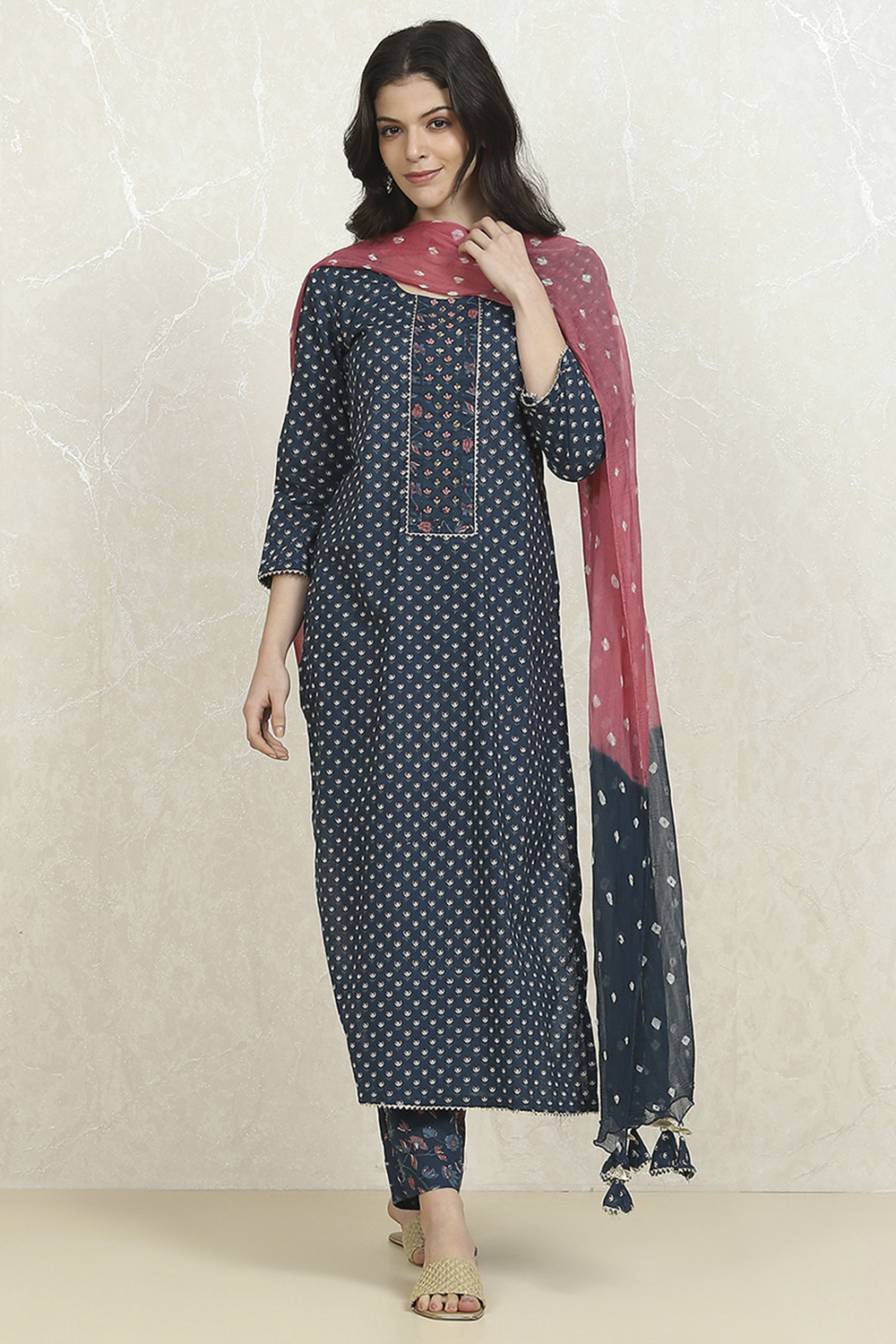 Navy Blue Cotton Printed Unstitched Suit Set image number 1