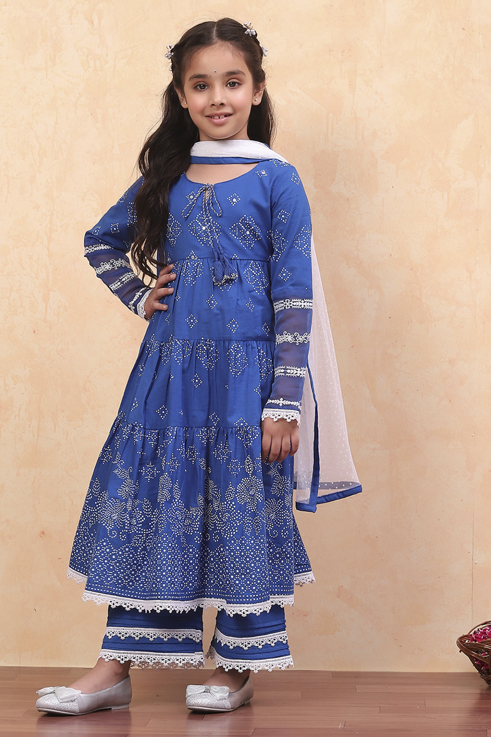 Blue Cotton Printed Flared Festive Tiered Suit Set image number 6