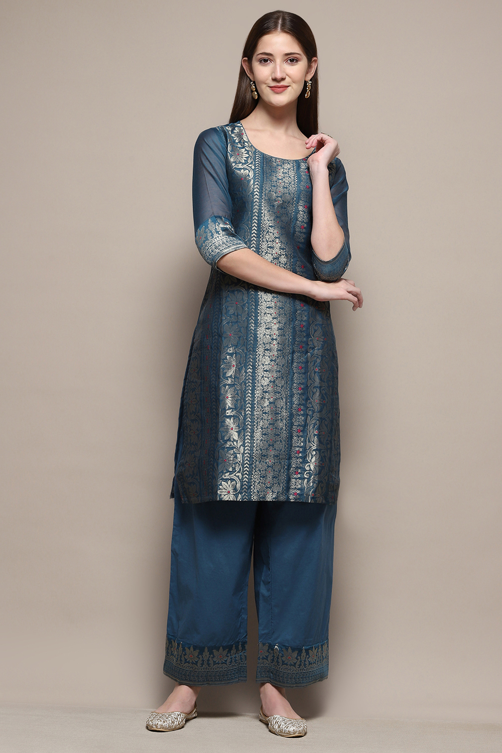 Blue Cotton Blend Straight Kurta Palazzo 2 Piece Set image number 6