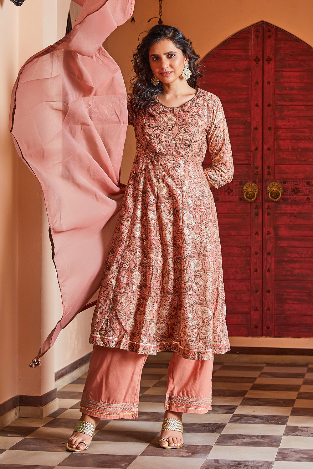 Peach-coloured Poly Chanderi Floral Anarkali Suit Set image number 0